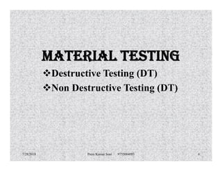 MaTerial TesTing
Destructive Testing (DT)
Non Destructive Testing (DT)Non Destructive Testing (DT)
7/28/2018 Prem Kumar Soni 9755084093 6
 