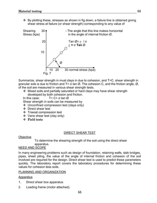 Material testing 55
55
 By plotting these, stresses as shown in fig down, a failure line is obtained giving
shear stress at failure (or shear strength) corresponding to any value of
Shearing 30 - The angle that this line makes horizontal
Stress (kpa) in the angle of internal friction Ø.
20 Tan Ø= ‫ح‬ / σ
‫ح‬ = σ Tan Ø
10
Ø
10 20 30 normal stress (kpa)
Fig. 7
Summarize, shear strength in must clays in due to cohesion, and T=C, shear strength in
granular sols is due to friction and T= σ tan Ø. The cohesion C, and the friction angle, Ø,
of the soil are measured in various shear strength tests.
 Mixed soils and partially saturated or hard clays may have shear strength
developed by both cohesion and friction.
In this case; T= C+ σ tan Ø
Shear strength in soils can be measured by
 Unconfined compression test (clays only)
 Direct shear test
 Triaxial compression test
 Vane shear test (clay only)
 Field tests
DIRECT SHEAR TEST
Objective
To determine the shearing strength of the soil using the direct shear
apparatus.
NEED AND SCOPE
In many engineering problems such as design of foundation, retaining walls, slab bridges,
pipes, sheet piling, the value of the angle of internal friction and cohesion of the soil
involved are required for the design. Direct shear test is used to predict these parameters
quickly. The laboratory report covers the laboratory procedures for determining these
values for cohesion less soils.
PLANNING AND ORGANIZATION
Apparatus
1. Direct shear box apparatus
2. Loading frame (motor attached).
 