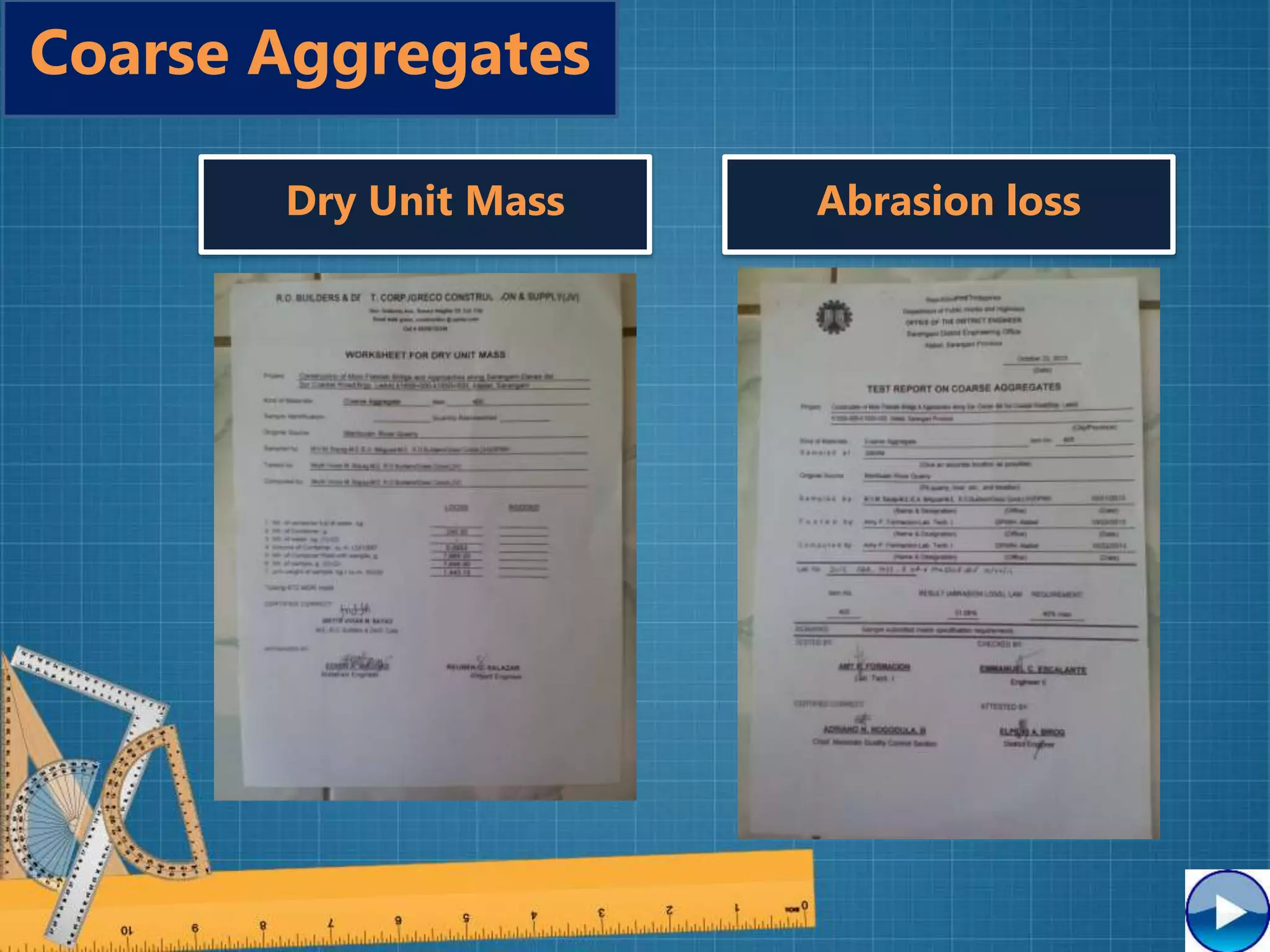 Abrasion loss
Coarse Aggregates
Dry Unit Mass
 