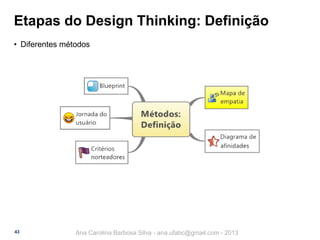 Etapas do Design Thinking: Definição
• Diferentes métodos

43

Ana Carolina Barbosa Silva - ana.ufabc@gmail.com - 2013

 