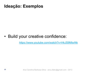 Ideação: Exemplos

• Build your creative confidence:
https://www.youtube.com/watch?v=HkJS9MtsrNk

57

Ana Carolina Barbosa Silva - ana.ufabc@gmail.com - 2013

 