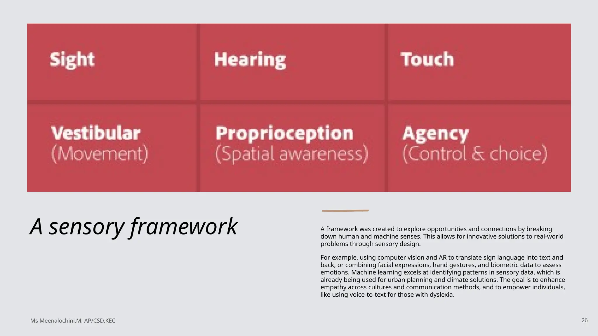 A sensory framework A framework was created to explore opportunities and connections by breaking
down human and machine senses. This allows for innovative solutions to real-world
problems through sensory design.
For example, using computer vision and AR to translate sign language into text and
back, or combining facial expressions, hand gestures, and biometric data to assess
emotions. Machine learning excels at identifying patterns in sensory data, which is
already being used for urban planning and climate solutions. The goal is to enhance
empathy across cultures and communication methods, and to empower individuals,
like using voice-to-text for those with dyslexia.
26
Ms Meenalochini.M, AP/CSD,KEC
 