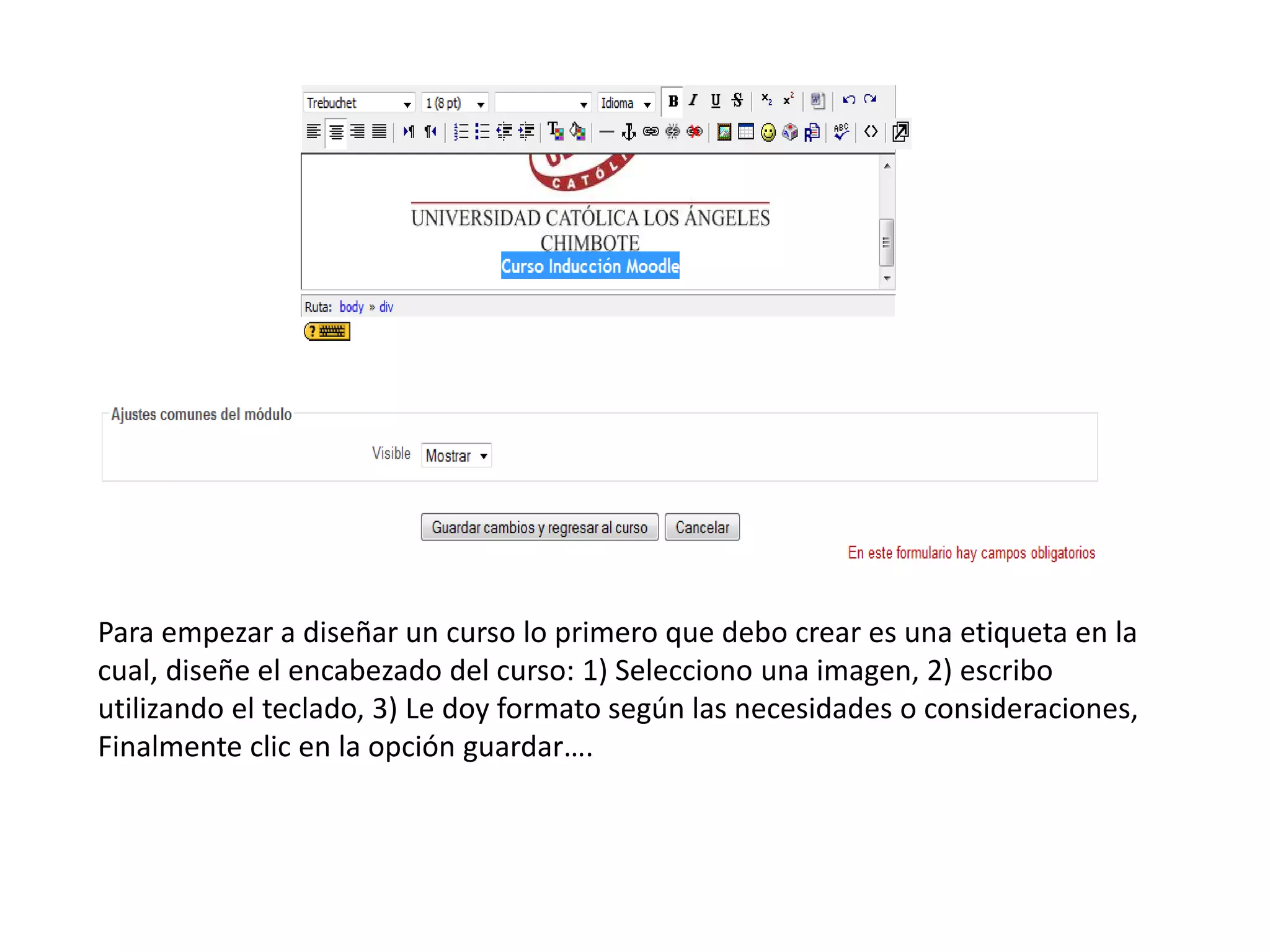 Para empezar a diseñar un curso lo primero que debo crear es una etiqueta en la
cual, diseñe el encabezado del curso: 1) Selecciono una imagen, 2) escribo
utilizando el teclado, 3) Le doy formato según las necesidades o consideraciones,
Finalmente clic en la opción guardar….
 