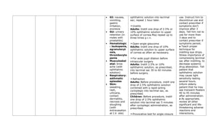 • GI: nausea,
vomiting,
gastric
irritation,
anorexia
• GU: urinary
retention (in
males with
prostatitis)
• Hematologic
: leukopenia,
agranulocyt
osis,
thrombocyto
penia
• Musculoskel
etal: brow
ache (with
ophthalmic
solution)
• Respiratory:
asthmatic
episodes
• Skin:
sweating,
rash,
urticaria,
contact
dermatitis,
necrosis and
sloughing
(with
extravasation
at I.V. site)
ophthalmic solution into lacrimal
sac; repeat 1 hour later.
➣Uveitis
Adults: Instill one drop of 2.5% or
10% ophthalmic solution to upper
surface of cornea.May repeat up to
three times p.r.n.
➣Open-angle glaucoma
Adults: Instill one drop of 10%
ophthalmic solution to upper surface
of cornea as often as necessary.
➣For wide pupil dilation before
intraocular surgery
Adults: Instill 2.5% or 10%
ophthalmic solution, as prescribed,
into lacrimal sac 30 to 60 minutes
before surgery.
➣Refraction
Adults: Before procedure, instill one
drop of 2.5% ophthalmic solution
combined with a rapid-acting
cycloplegic into lacrimal sac, as
prescribed.
Children: Before procedure, instill
one drop of 2.5% ophthalmic
solution into lacrimal sac 5 minutes
after cycloplegic administration, as
prescribed.
➣Provocative test for angle-closure
use. Instruct him to
discontinue use and
contact prescriber if
symptoms don’t
improve after 3
days. Tell him not to
use for more than
3 days and to
contact prescriber if
symptoms persist.
● Teach proper
technique for
instilling eye drops.
Stress importance of
compressing lacrimal
sac after instilling, to
decrease systemic
drug absorption. Tell
patient that
ophthalmic solution
may cause light
sensitivity lasting
several hours.
Inform elderly
patient that he may
see transient floaters
40 to 45 minutes
after administration.
● As appropriate,
review all other
significant and life-
threatening adverse
reactions and
interactions,
 
