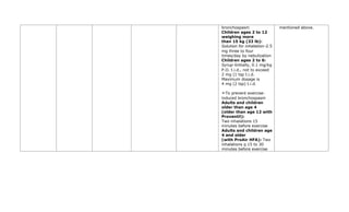 bronchospasm
Children ages 2 to 12
weighing more
than 15 kg (33 lb):
Solution for inhalation—2.5
mg three to four
times/day by nebulization
Children ages 2 to 6:
Syrup—Initially, 0.1 mg/kg
P.O. t.i.d., not to exceed
2 mg (1 tsp t.i.d.
Maximum dosage is
4 mg (2 tsp) t.i.d.
➣To prevent exercise-
induced bronchospasm
Adults and children
older than age 4
(older than age 12 with
Proventil):
Two inhalations 15
minutes before exercise
Adults and children age
4 and older
(with ProAir HFA): Two
inhalations q 15 to 30
minutes before exercise
mentioned above.
 