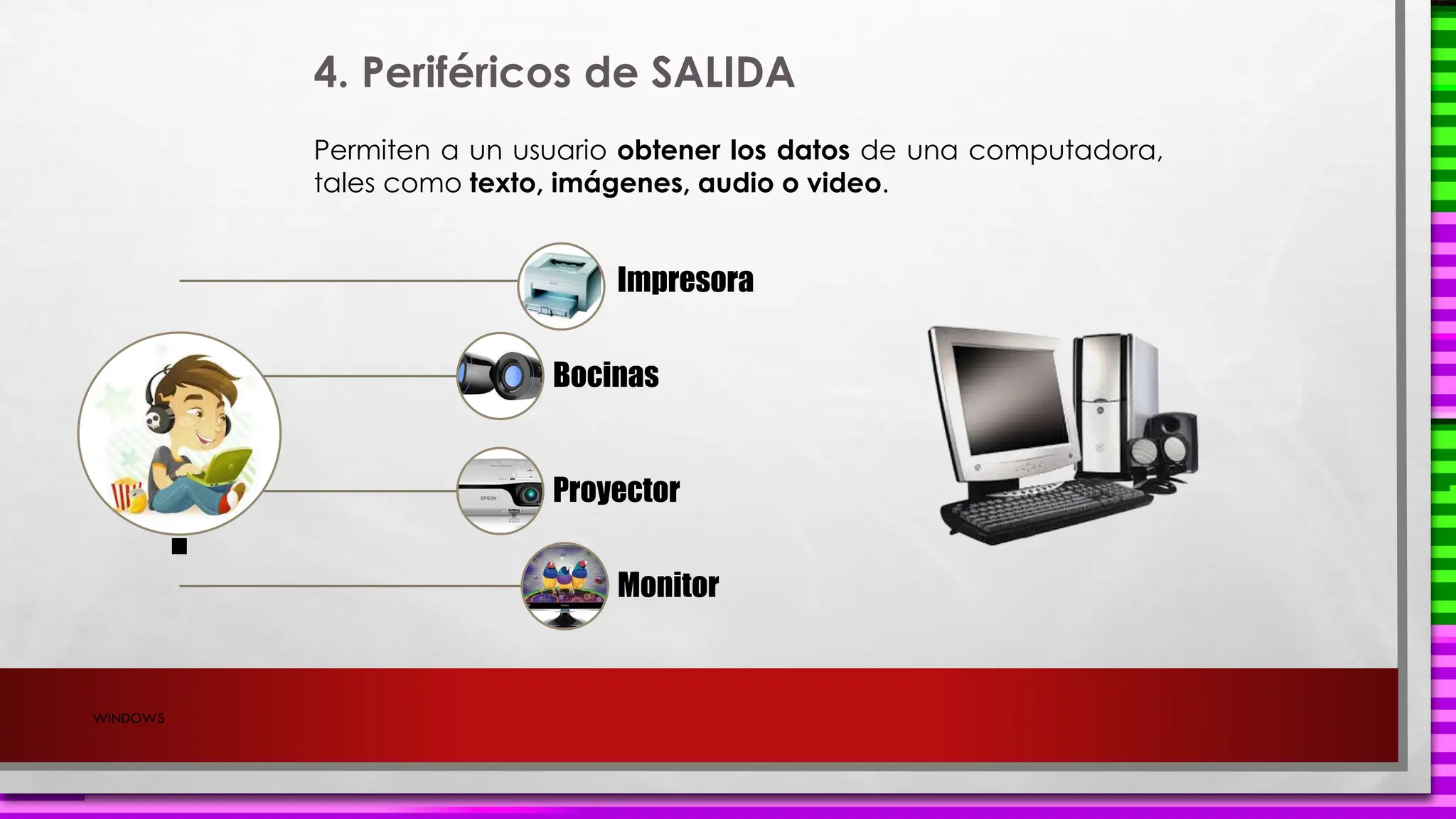 4. Periféricos de SALIDA
Permiten a un usuario obtener los datos de una computadora,
tales como texto, imágenes, audio o video.
.
Impresora
Bocinas
Proyector
Monitor
WINDOWS
 