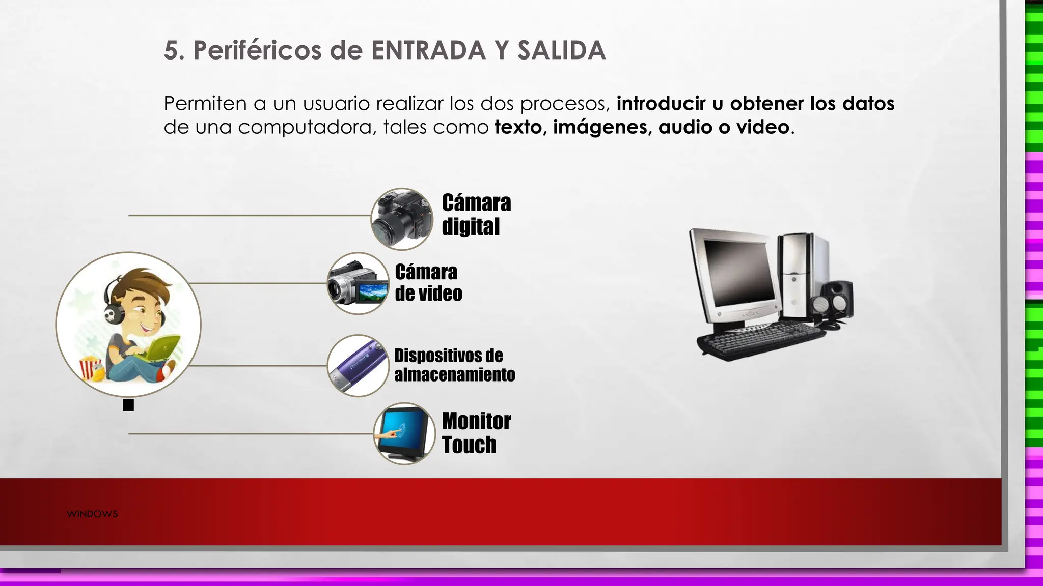 5. Periféricos de ENTRADA Y SALIDA
Permiten a un usuario realizar los dos procesos, introducir u obtener los datos
de una computadora, tales como texto, imágenes, audio o video.
.
Cámara
digital
Cámara
de video
Dispositivos de
almacenamiento
Monitor
Touch
WINDOWS
 