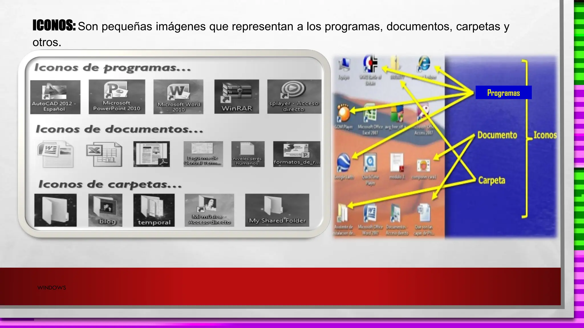 ICONOS: Son pequeñas imágenes que representan a los programas, documentos, carpetas y
otros.
WINDOWS
Programas
 
