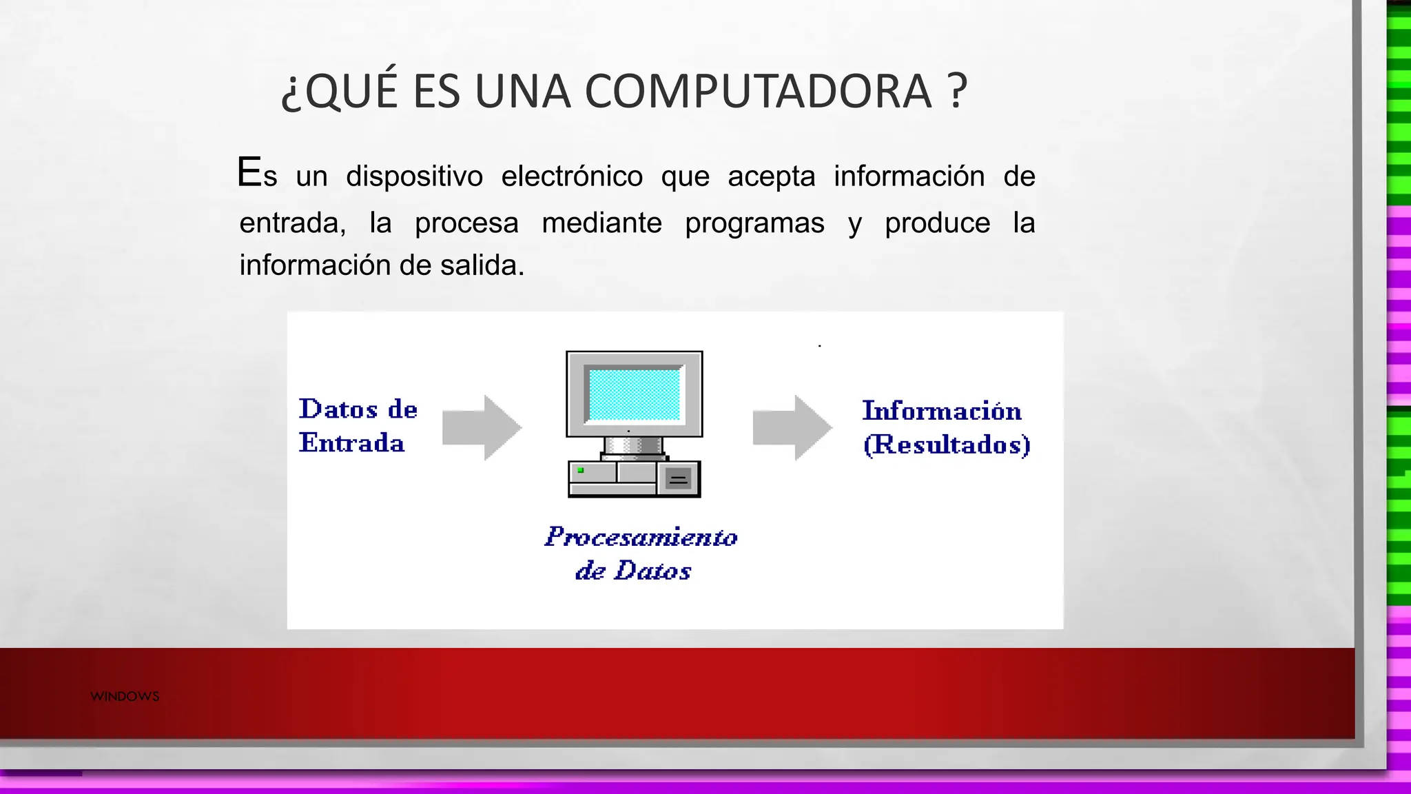 ¿QUÉ ES UNA COMPUTADORA ?
Es un dispositivo electrónico que acepta información de
entrada, la procesa mediante programas y produce la
información de salida.
WINDOWS
 