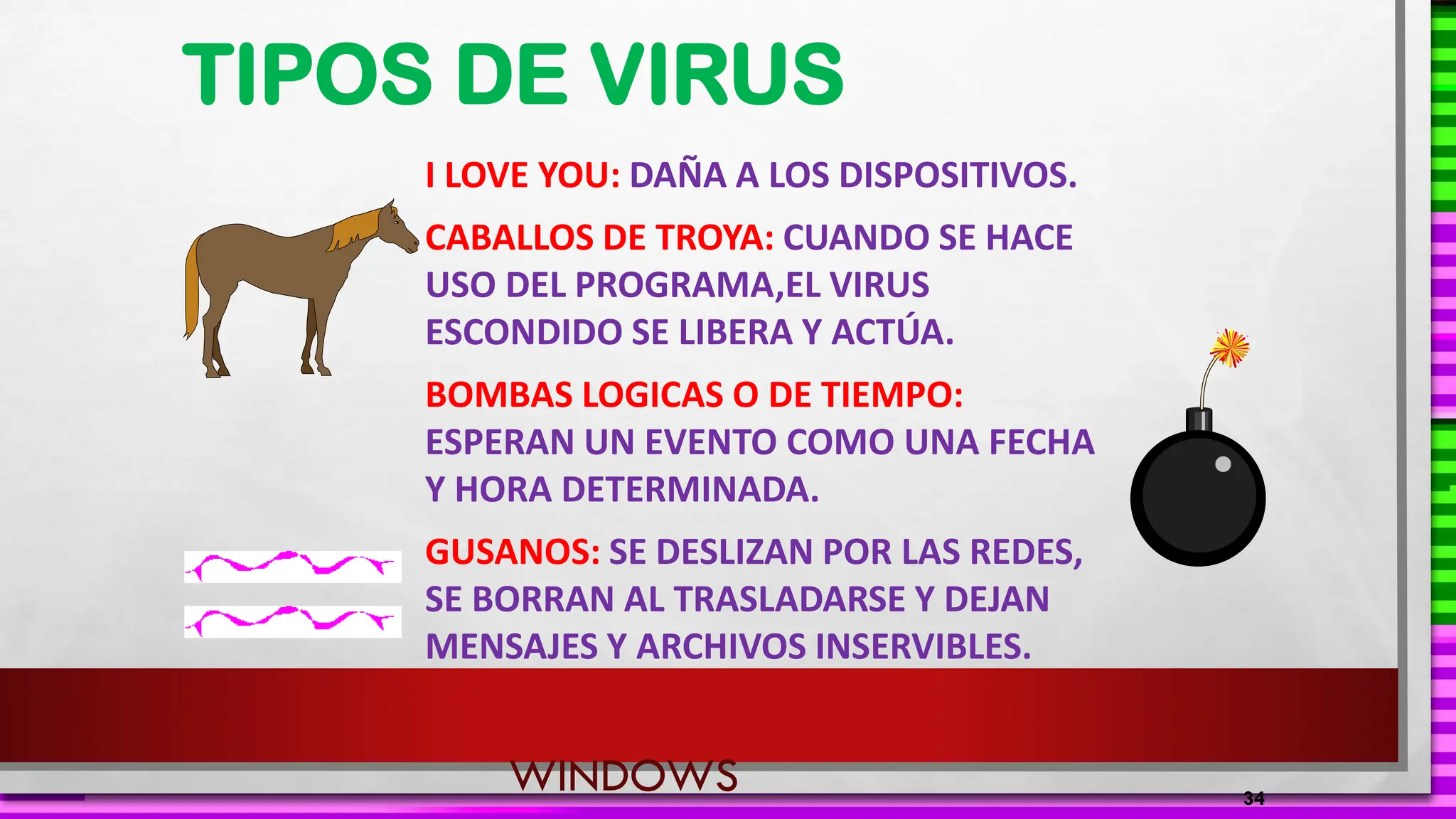 TIPOS DE VIRUS
I LOVE YOU: DAÑA A LOS DISPOSITIVOS.
CABALLOS DE TROYA: CUANDO SE HACE
USO DEL PROGRAMA,EL VIRUS
ESCONDIDO SE LIBERA Y ACTÚA.
BOMBAS LOGICAS O DE TIEMPO:
ESPERAN UN EVENTO COMO UNA FECHA
Y HORA DETERMINADA.
GUSANOS: SE DESLIZAN POR LAS REDES,
SE BORRAN AL TRASLADARSE Y DEJAN
MENSAJES Y ARCHIVOS INSERVIBLES.
34
WINDOWS
 