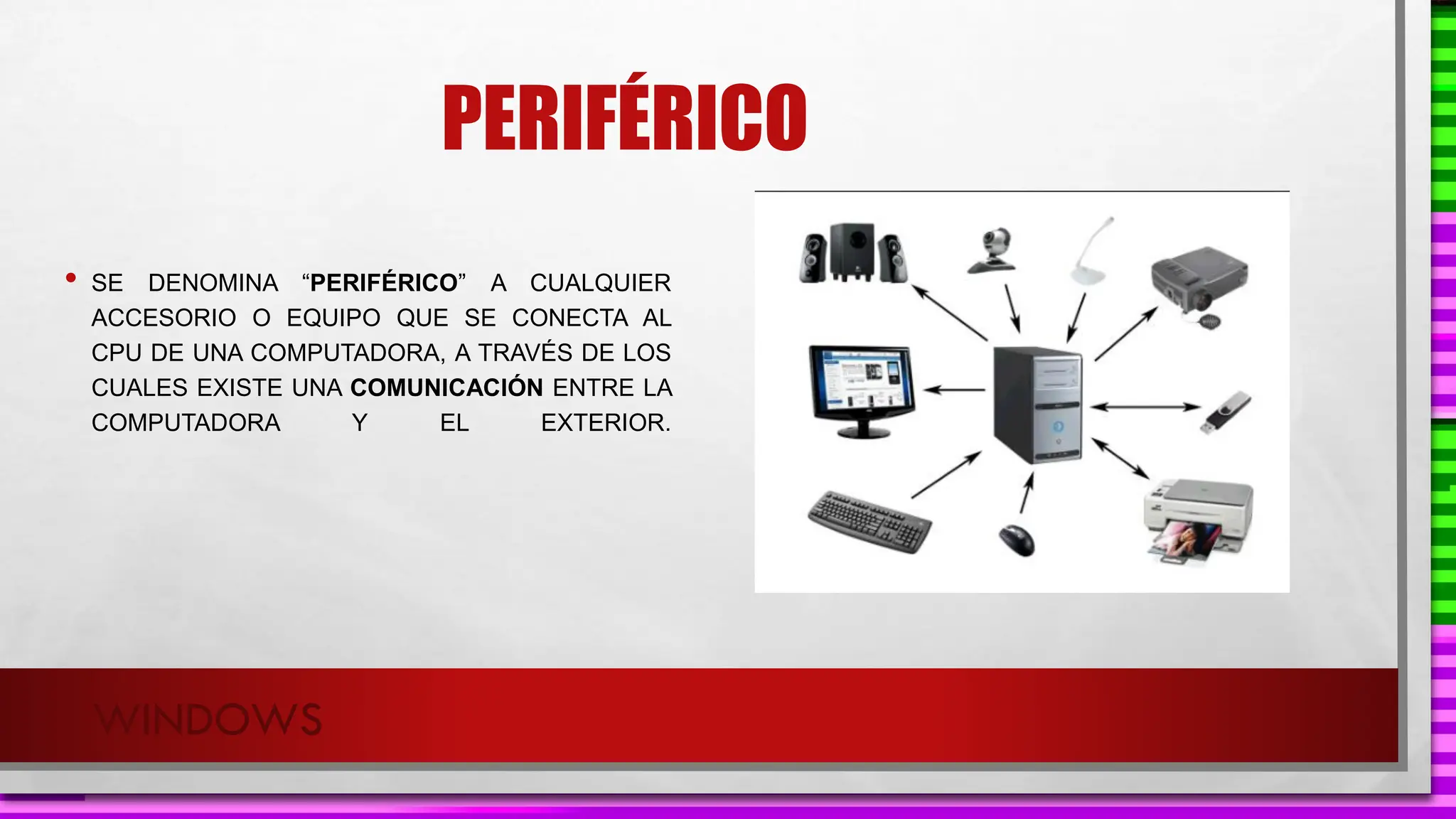 PERIFÉRICO
• SE DENOMINA “PERIFÉRICO” A CUALQUIER
ACCESORIO O EQUIPO QUE SE CONECTA AL
CPU DE UNA COMPUTADORA, A TRAVÉS DE LOS
CUALES EXISTE UNA COMUNICACIÓN ENTRE LA
COMPUTADORA Y EL EXTERIOR.
WINDOWS
 