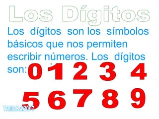 Los Dígitos Los  dígitos  son los  símbolos  básicos que nos permiten escribir números. Los  dígitos son:  1 0 2 3 4 5 6 7 8 9 TAMARA/2007 