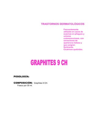 TRASTORNOS DERMATOLÓGICOS

                                    Frecuentemente
                                    utilizado en casos de
                                    eczemas en pliegues y
                                    uniones
                                    cutaneomucosas, con
                                    secreciones de
                                    apariencia melosa y
                                    que sangran
                                    fácilmente.
                                    Cicatrices queloides.




POSOLOGÍA:

COMPOSICIÓN: Graphites 9 CH.
   Frasco por 30 ml.
 