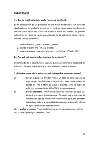CUESTIONARIO
1. ¿Qué es la estructura del suelo y cómo se clasifica?:
Es la organización de las partículas en una masa de terreno y En todas las
clasificaciones de suelos la textura es un carácter diferenciante ampliamente
utilizado para definir las clases de suelos a todos los niveles. Se pueden
determinar los tipos de suelo dependiendo de la estructura (suelo franco,
arenoso, limoso y arcilloso).
1. suelos de grano grueso ( arenas y gravas)
2. suelos de grano fino ( limos y arcillas)
3. suelos altamente orgánicos (referidos como "turba"). (Graetz, 1981).
2. ¿Por qué es importante la estructura de los suelos?
Dependiendo de la estructura del suelo se pueden determinar la capacidad de
infiltración de agua, aireamiento y la capacidad para retener nutrientes.
3 ¿Cómo se mejoraría la estructura del suelo en los siguientes casos?
a) suelos orgánicos. Pueden retener un peso de agua superior al
suyo propio. Muchos suelos orgánicos poseen capacidades de
campo de 100 a 150% de agua y algunos, como la turba de
esfagnos, retienen hasta 500 o 600% de agua en peso.
b) suelos arcillosos. Influye la capacidad de retención de agua útil,
tanto directa como indirectamente. El efecto indirecto es por la
influencia de tipo de arcilla sobre la estructura del suelo. El efecto
indirecto se debe a la capacidad de expansión y absorción interna
de agua, que exhiben algunas arcillas.
c) suelos arenosos. Presentan tal porción de poros grandes que retienen
mucho aire y poco agua. (Fuentes, 2002).
13
 