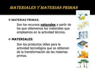  MATERIAS PRIMAS:
     Son los recursos naturales a partir de
     los que obtenemos los materiales que
     empleamos en...