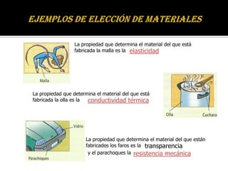 La propiedad que determina el material del que está
                  fabricada la malla es la elasticidad




La propiedad que determina el material del que está
fabricada la olla es la conductividad térmica




                       La propiedad que determina el material del que están
                       fabricados los faros es la transparencia
                        y el parachoques la resistencia mecánica
 