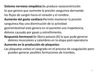 Sistema nervioso simpático:Se produce vasoconstricción
lo que genera que aumente la presión sanguínea derivando
los flujos de sangre hacia el corazón y el cerebro.
Aumento del gasto cardiaco:Permite mantener la presión
sanguínea.Hay una disminución de la actividad
gastrointestinal esto genera en el paciente una inapetencia,
dolores causado por gases y estreñimiento.
Respuesta hormonal:Se libera potasio (K) lo que pude generar
dolores musculares y calambres en la etapa post-operatoria
Aumento en la producción de plaquetas:
Las plaquetas evitan el sangrado en el proceso de coagulación pero
pueden generar posibles formaciones de trombos.
21
 