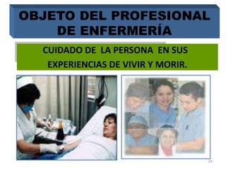 OBJETO DEL PROFESIONAL
DE ENFERMERÍA
CUIDADO DE LA PERSONA EN SUS
EXPERIENCIAS DE VIVIR Y MORIR.
24
 