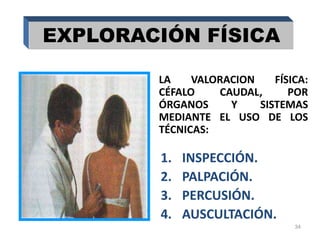 1. INSPECCIÓN.
2. PALPACIÓN.
3. PERCUSIÓN.
4. AUSCULTACIÓN.
34
EXPLORACIÓN FÍSICA
LA VALORACION FÍSICA:
CÉFALO CAUDAL, POR
ÓRGANOS Y SISTEMAS
MEDIANTE EL USO DE LOS
TÉCNICAS:
 