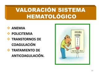  ANEMIA
 POLICITEMIA
 TRANSTORNOS DE
COAGULACIÓN
 TRATAMIENTO DE
ANTICOAGULACIÓN.
38
VALORACIÓN SISTEMA
HEMATOLÓGICO
 