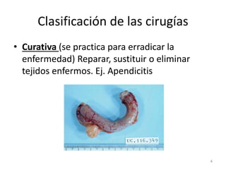 Clasificación de las cirugías
• Curativa (se practica para erradicar la
enfermedad) Reparar, sustituir o eliminar
tejidos enfermos. Ej. Apendicitis
4
 