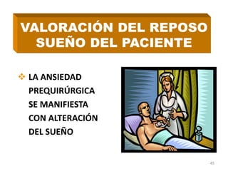  LA ANSIEDAD
PREQUIRÚRGICA
SE MANIFIESTA
CON ALTERACIÓN
DEL SUEÑO
45
VALORACIÓN DEL REPOSO
SUEÑO DEL PACIENTE
 