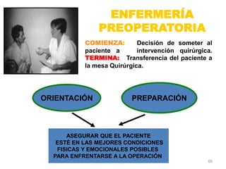 ENFERMERÍA
PREOPERATORIA
COMIENZA: Decisión de someter al
paciente a intervención quirúrgica.
TERMINA: Transferencia del paciente a
la mesa Quirúrgica.
ORIENTACIÓN PREPARACIÓN
ASEGURAR QUE EL PACIENTE
ESTÉ EN LAS MEJORES CONDICIONES
FISICAS Y EMOCIONALES POSIBLES
PARA ENFRENTARSE A LA OPERACIÓN
65
 