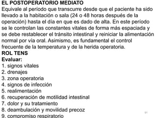 91
EL POSTOPERATORIO MEDIATO
Equivale al período que transcurre desde que el paciente ha sido
llevado a la habitación o sala (24 o 48 horas después de la
operación) hasta el día en que es dado de alta. En este período
se le controlan las constantes vitales de forma más espaciada y
se debe restablecer el tránsito intestinal y reiniciar la alimentación
normal por vía oral. Asimismo, es fundamental el control
frecuente de la temperatura y de la herida operatoria.
ROL TENS
Evaluar:
1. signos vitales
2. drenajes
3. zona operatoria
4. signos de infección
5. realimentación
6. recuperación de motilidad intestinal
7. dolor y su tratamiento
8. deambulación y movilidad precoz
9. compromiso respiratorio
 