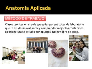 Anatomía Aplicada
Clases teóricas en el aula apoyadas por prácticas de laboratorio
que te ayudarán a afianzar y comprender mejor los contenidos.
La asignatura se estudia por apuntes. No hay libro de texto.
MÉTODO DE TRABAJO
 