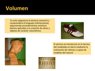 Volumen
En esta asignatura el alumno conocerá y
comprenderá el lenguaje tridimensional,
adquiriendo procedimientos artísticos
básicos aplicados a la creación de obras y
objetos de carácter volumétrico.
El alumno se introducirá en la técnica
del modelado en barro mediante la
realización de relieves y copias de
modelos del natural
 