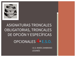 I.E.S. MARÍA ZAMBRANO
LEGANÉS
ASIGNATURAS TRONCALES
OBLIGATORIAS, TRONCALES
DE OPCIÓN Y ESPECÍFICAS
OPCIONALES 4º E.S.O.
 