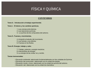 FÍSICA Y QUÍMICA
CONTENIDOS
Tema 0.- Introducción al trabajo experimental.
Tema I.- El átomo y los cambios químicos.
1.-Las uniones entre átomos.
2.-Las reacciones químicas.
3.- La química de los compuestos del carbono.
Tema II.- Fuerzas y movimientos.
4.-Iniciación al estudio del movimiento.
5.-Las fuerzas y sus efectos.
6.-Fuerzas en los fluidos.
Tema III. Energía, trabajo y calor.
7.-Trabajo, potencia y energía mecánica.
8.-Intercambios de energía.
9.-La energía de las ondas: luz y sonido.
Temas transversales:
- Educación ambiental: relacionado fundamentalmente con las unidades de Química.
- Educación del consumidor: relacionado con la unidad de energía.
- Educación moral y cívica: relacionado con la unidad de química del carbono.
- Educación vial: relacionado con la unidad de cinemática.
 
