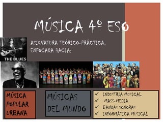 MÚSICA 4º ESO
ASIGNATURA TEÓRICO-PRÁCTICA,
ENFOCADA HACIA:
MÚSICA
POPULAR
URBANA
MÚSICAS
DEL MUNDO
 INDUSTRIA MUSICAL
 MASS-MEDIA
 BANDAS SONORAS
 INFORMÁTICA MUSICAL
 