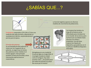 ¿SABÍAS QUE...?
Eratóstenes matemático (276-194 a.C) hizo una
medición del radio terrestre, obteniendo un
resultado de 6.346 Km, sorprendentemente
preciso para la época.
La función logística aparece en diversos
modelos de crecimiento de poblaciones.
Las mujeres han tenido a lo
largo de la historia serias
dificultades para introducirse
en el mundo de la ciencia, pero
lucharon por sus ideales hasta
alcanzar sus metas y
propósitos. Una de estas
mujeres fue Hipatía de
Alejandría, que podemos ver el
la película AGORA de Alejandro
Amenábar.
Königsberg era una ciudad de
Prusia de siglo en el siglo XVIII. El
rio pregel cruzaba la ciudad
como en la figura. Hay siete
puentes: A,B,C,..¿Se puede pasar
por todos los puentes sin pasar
dos veces por el mismo?
Principio del palomar.
Si una bandada de diez palomas se
meten por los 9 agujeros de un
palomar, es seguro que al menos
dos palomas se han metido en el
mismo agujero. Este principio
también se llama de Dirichlet y tiene
interesantes aplicaciones en
matemáticas.
 