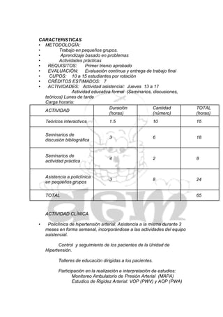 CARACTERISTICAS
• METODOLOGÍA:
•        Trabajo en pequeños grupos.
•         Aprendizaje basado en problemas
•        Actividades prácticas
•   REQUISITOS:        Primer trienio aprobado
•   EVALUACIÓN:        Evaluación contínua y entrega de trabajo final
•   CUPOS: 10 a 15 estudiantes por rotación
•   CRÉDITOS ESTIMADOS: 7
•   ACTIVIDADES: Actividad asistencial: Jueves 13 a 17
                Actividad educativa formal (Seminarios, discusiones,
  teóricos) Lunes de tarde
  Carga horaria:
                                    Duración            Cantidad             TOTAL
  ACTIVIDAD
                                    (horas)             (número)             (horas)
    Teóricos interactivos          1.5                       10              15

    Seminarios de
                                   3                         6               18
    discusión bibliográfica


    Seminarios de
                                   4                         2               8
    actividad práctica


    Asistencia a policlínica
                                   3                         8               24
    en pequeños grupos

    TOTAL                                                                    65



    ACTIVIDAD CLÍNICA

•    Policlínica de hipertensión arterial. Asistencia a la misma durante 3
    meses en forma semanal, incorporándose a las actividades del equipo
    asistencial.

          Control y seguimiento de los pacientes de la Unidad de
    Hipertensión.

          Talleres de educación dirigidas a los pacientes.

          Participación en la realización e interpretación de estudios:
                 Monitoreo Ambulatorio de Presión Arterial (MAPA)
                 Estudios de Rigidez Arterial: VOP (PWV) y AOP (PWA)
 