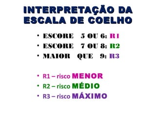 INTERPRETAÇÃO DA
ESCALA DE COELHO
• ESCORE 5 OU 6: R1
• ESCORE 7 OU 8: R2
• MAIOR QUE 9: R3
• R1 – risco MENOR
• R2 – risco MÉDIO
• R3 – risco MÁXIMO

 