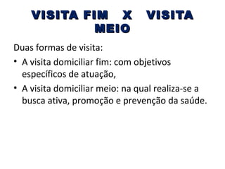 VISITA FIM X
MEIO

VISITA

Duas formas de visita:
• A visita domiciliar fim: com objetivos
específicos de atuação,
• A visita domiciliar meio: na qual realiza-se a
busca ativa, promoção e prevenção da saúde.

 