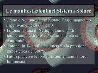 Le manifestazioni nel Sistema SolareLe manifestazioni nel Sistema Solare
• Urano e Nettuno hanno ruotato l’asse magneticoUrano e Nettuno hanno ruotato l’asse magnetico
rispettivamente di 60° e 50°rispettivamente di 60° e 50°
• Tritone, la luna di Nettuno, aumenta diTritone, la luna di Nettuno, aumenta di
temperatura e di pressione atmosferica contemperatura e di pressione atmosferica con
continuità.continuità.
• Plutone, in 14 anni, ha aumentato la pressionePlutone, in 14 anni, ha aumentato la pressione
atmosferica del 300%.atmosferica del 300%.
• Tutti i pianeti e le loro lune aumentano la loroTutti i pianeti e le loro lune aumentano la loro
luminosità.luminosità.
 