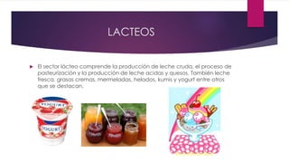 LACTEOS
 El sector lácteo comprende la producción de leche cruda, el proceso de
pasteurización y la producción de leche acidas y quesos. También leche
fresca, grasas cremas, mermeladas, helados, kumis y yogurt entre otros
que se destacan.
 