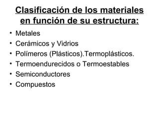 Clasificación de los materiales en función de su estructura: Metales Cerámicos y Vidrios Polímeros (Plásticos).Termoplásticos. Termoendurecidos o Termoestables Semiconductores Compuestos 