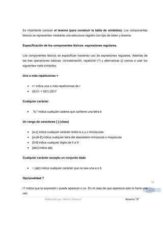 Es importante conocer el lexema (para construir la tabla de símbolos). Los componentes
léxicos se representan mediante una estructura registro con tipo de token y lexema.


Especificación de los componentes léxicos: expresiones regulares.


Los componentes léxicos se especifican haciendo uso de expresiones regulares. Además de
las tres operaciones básicas: concatenación, repetición (*) y alternativas (j) vamos a usar los
siguientes meta símbolos:


Una o más repeticiones +


   •   r+ indica una o más repeticiones de r
   •   (0j1)+ = (0j1) (0j1)*


Cualquier carácter.


   •   .*b.* indica cualquier cadena que contiene una letra b


Un rango de caracteres [ ] (clase)


   •   [a-z] indica cualquier carácter entre la a y z minúsculas
   •   [a-zA-Z] indica cualquier letra del abecedario minúscula o mayúscula
   •   [0-9] indica cualquier digito de 0 a 9
   •   [abc] indica ajbj


Cualquier carácter excepto un conjunto dado


   •   ~ (ajb) indica cualquier carácter que no sea una a o b


Opcionalidad ?
                                                                                                  12

r? indica que la expresión r puede aparecer o no. En el caso de que aparezca solo lo haría una
vez.
                 Elaborado por: Beatriz Pasaca|                               Noveno “A”
 