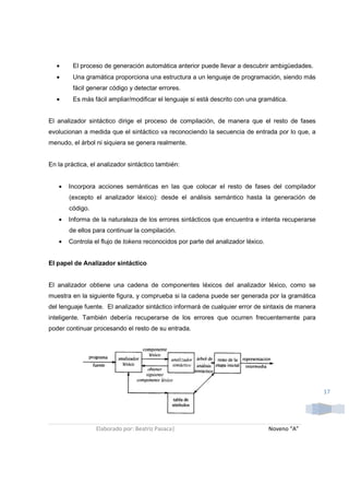 •     El proceso de generación automática anterior puede llevar a descubrir ambigüedades.
   •     Una gramática proporciona una estructura a un lenguaje de programación, siendo más
         fácil generar código y detectar errores.
   •     Es más fácil ampliar/modificar el lenguaje si está descrito con una gramática.


El analizador sintáctico dirige el proceso de compilación, de manera que el resto de fases
evolucionan a medida que el sintáctico va reconociendo la secuencia de entrada por lo que, a
menudo, el árbol ni siquiera se genera realmente.


En la práctica, el analizador sintáctico también:


   •   Incorpora acciones semánticas en las que colocar el resto de fases del compilador
       (excepto el analizador léxico): desde el análisis semántico hasta la generación de
       código.
   •   Informa de la naturaleza de los errores sintácticos que encuentra e intenta recuperarse
       de ellos para continuar la compilación.
   •   Controla el flujo de tokens reconocidos por parte del analizador léxico.


El papel de Analizador sintáctico


El analizador obtiene una cadena de componentes léxicos del analizador léxico, como se
muestra en la siguiente figura, y comprueba si la cadena puede ser generada por la gramática
del lenguaje fuente. El analizador sintáctico informará de cualquier error de sintaxis de manera
inteligente. También debería recuperarse de los errores que ocurren frecuentemente para
poder continuar procesando el resto de su entrada.




                                                                                                   17




                 Elaborado por: Beatriz Pasaca|                                   Noveno “A”
 