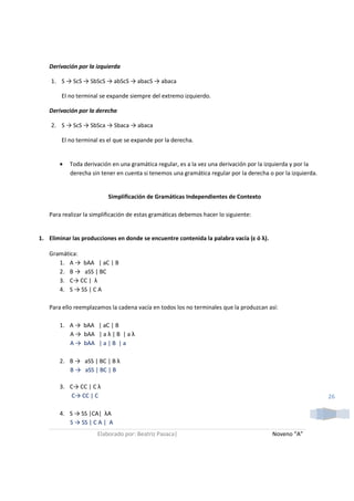 Derivación por la izquierda

    1. S → ScS → SbScS → abScS → abacS → abaca

        El no terminal se expande siempre del extremo izquierdo.

   Derivación por la derecha

    2. S → ScS → SbSca → Sbaca → abaca

        El no terminal es el que se expande por la derecha.


       •   Toda derivación en una gramática regular, es a la vez una derivación por la izquierda y por la
           derecha sin tener en cuenta si tenemos una gramática regular por la derecha o por la izquierda.


                          Simplificación de Gramáticas Independientes de Contexto

   Para realizar la simplificación de estas gramáticas debemos hacer lo siguiente:


1. Eliminar las producciones en donde se encuentre contenida la palabra vacía (ε ó λ).

   Gramática:
      1. A → bAA | aC | B
      2. B → aSS | BC
      3. C→ CC | λ
      4. S → SS | C A

   Para ello reemplazamos la cadena vacía en todos los no terminales que la produzcan así:

       1. A → bAA | aC | B
          A → bAA | a λ | B | a λ
          A → bAA | a | B | a

       2. B → aSS | BC | B λ
          B → aSS | BC | B

       3. C→ CC | C λ
           C→ CC | C                                                                                         26

       4. S → SS |CA| λA
          S → SS | C A | A
                     Elaborado por: Beatriz Pasaca|                                      Noveno “A”
 