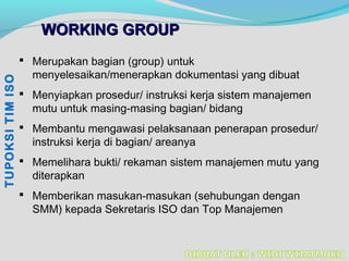 WORKING GROUPWORKING GROUP
 Merupakan bagian (group) untuk
menyelesaikan/menerapkan dokumentasi yang dibuat
 Menyiapkan prosedur/ instruksi kerja sistem manajemen
mutu untuk masing-masing bagian/ bidang
 Membantu mengawasi pelaksanaan penerapan prosedur/
instruksi kerja di bagian/ areanya
 Memelihara bukti/ rekaman sistem manajemen mutu yang
diterapkan
 Memberikan masukan-masukan (sehubungan dengan
SMM) kepada Sekretaris ISO dan Top Manajemen
TUPOKSITIMISO
 