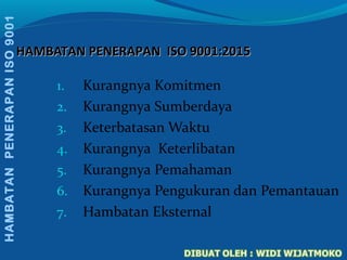 HAMBATAN PENERAPAN ISO 9001:2015HAMBATAN PENERAPAN ISO 9001:2015
1. Kurangnya Komitmen
2. Kurangnya Sumberdaya
3. Keterbatasan Waktu
4. Kurangnya Keterlibatan
5. Kurangnya Pemahaman
6. Kurangnya Pengukuran dan Pemantauan
7. Hambatan Eksternal
HAMBATANPENERAPANISO9001
 