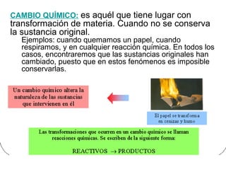 CAMBIO QUÍMICO: es aquél que tiene lugar con
transformación de materia. Cuando no se conserva
la sustancia original.
Ejemplos: cuando quemamos un papel, cuando
respiramos, y en cualquier reacción química. En todos los
casos, encontraremos que las sustancias originales han
cambiado, puesto que en estos fenómenos es imposible
conservarlas.
 