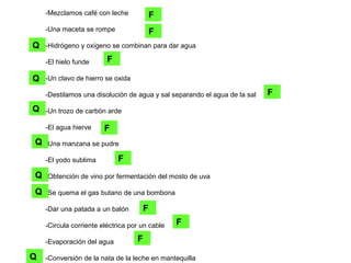 -Mezclamos café con leche
-Una maceta se rompe
-Hidrógeno y oxígeno se combinan para dar agua
-El hielo funde
-Un clavo de hierro se oxida
-Destilamos una disolución de agua y sal separando el agua de la sal
-Un trozo de carbón arde
-El agua hierve
-Una manzana se pudre
-El yodo sublima
-Obtención de vino por fermentación del mosto de uva
-Se quema el gas butano de una bombona
-Dar una patada a un balón
-Circula corriente eléctrica por un cable
-Evaporación del agua
-Conversión de la nata de la leche en mantequilla
Q
F
F
F
Q
F
F
F
F
F
F
Q
Q
Q
Q
Q
 