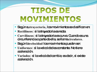 Según su   trayectoria ,  los movimientos se clasifican en: Rectilíneos:  si la trayectoria es recta. Curvilíneos:  si la trayectoria es curva. Cuando es una circunferencia o parte de ella, se llama  circulares. Según la  velocidad  los movimientos pueden ser: Uniformes:  si la velocidad es constante. No tiene aceleración. Variados:  si la velocidad cambia; es decir, si existe aceleración. 