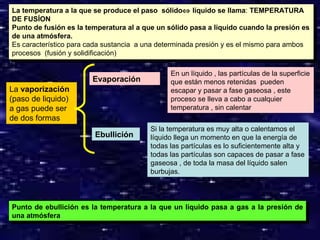 La temperatura a la que se produce el paso  sólido   líquido se llama :  TEMPERATURA DE FUSÍON Punto de fusión es la temperatura al a que un sólido pasa a liquido cuando la presión es de una atmósfera. Es característico para cada sustancia  a una determinada presión y es el mismo para ambos procesos  (fusión y solidificación) Punto de ebullición es la temperatura a la que un liquido pasa a gas a la presión de una atmósfera La  vaporización  (paso de liquido) a gas puede ser de dos formas Evaporación Ebullición En un líquido , las partículas de la superficie que están menos retenidas  pueden escapar y pasar a fase gaseosa , este proceso se lleva a cabo a cualquier temperatura , sin calentar Si la temperatura es muy alta o calentamos el líquido llega un momento en que la energía de todas las partículas es lo suficientemente alta y todas las partículas son capaces de pasar a fase gaseosa , de toda la masa del líquido salen burbujas.  