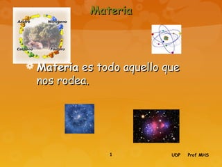 MateriaMateria
 MateriaMateria es todo aquello quees todo aquello que
nos rodea.nos rodea.
UDP Prof MHS1
 